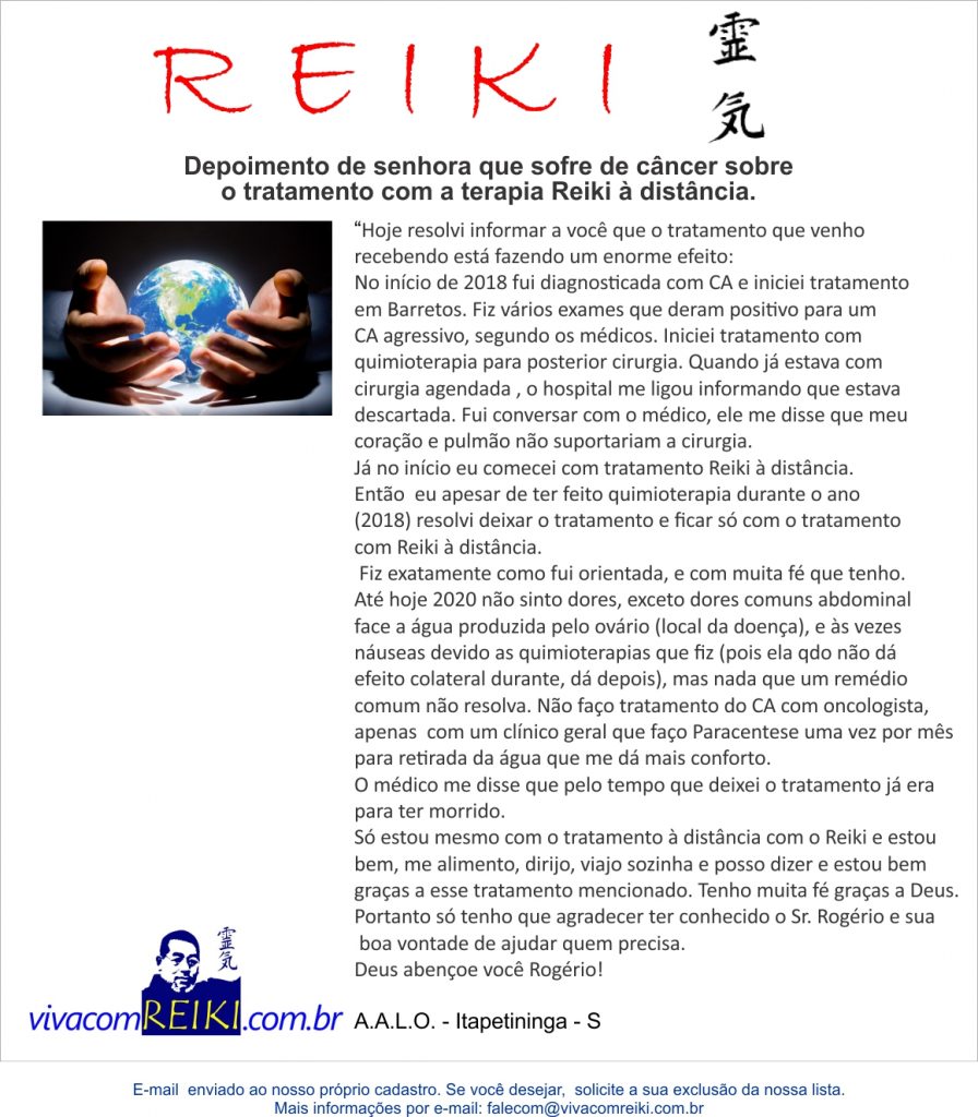 Depoimento de senhora que sofre de câncer Reiki à distância
