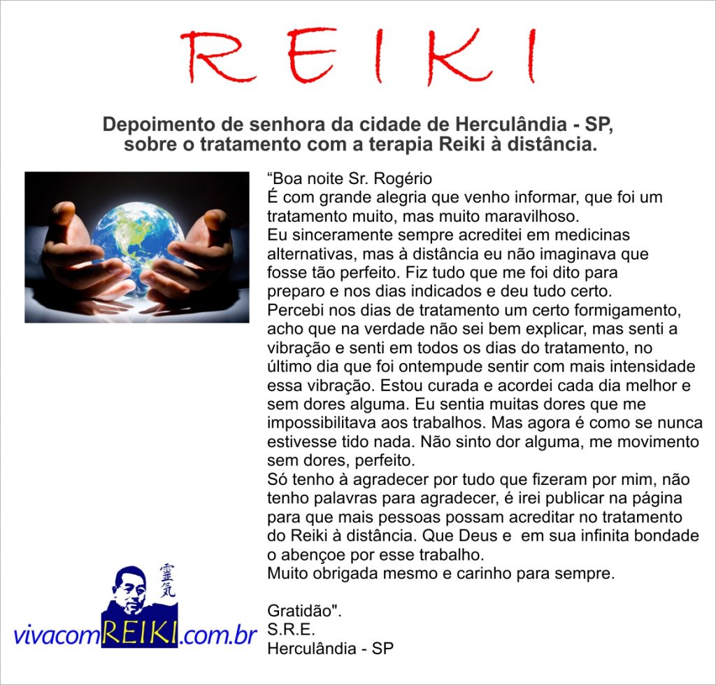 Depoimento de senhora sobre o tratamento com Reiki à distância.